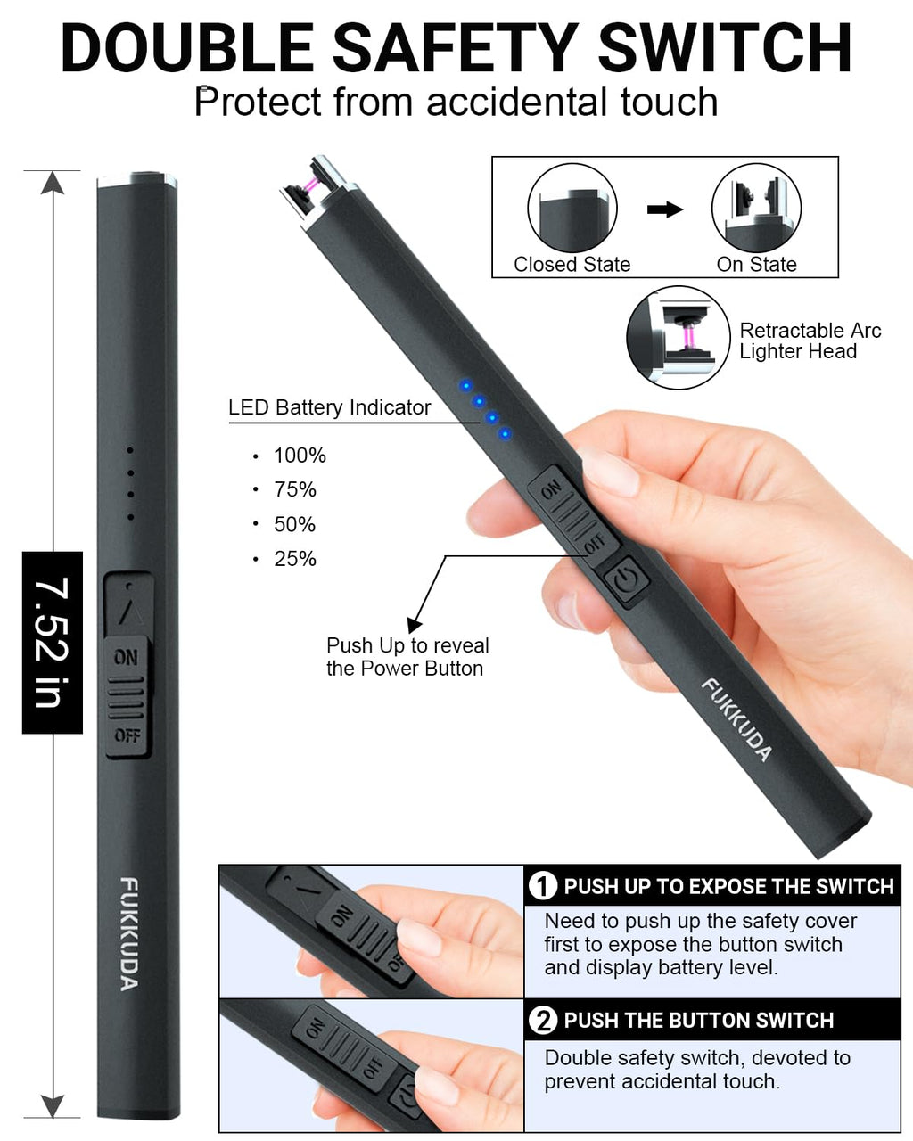 FUKKUDA Electric Arc Candle Lighter with Safety Switch - USB Rechargeable, Windproof & Flameless for Romantic Evenings, Valentine's Day Gift & Stocking Stuffer (Obsidian Black)