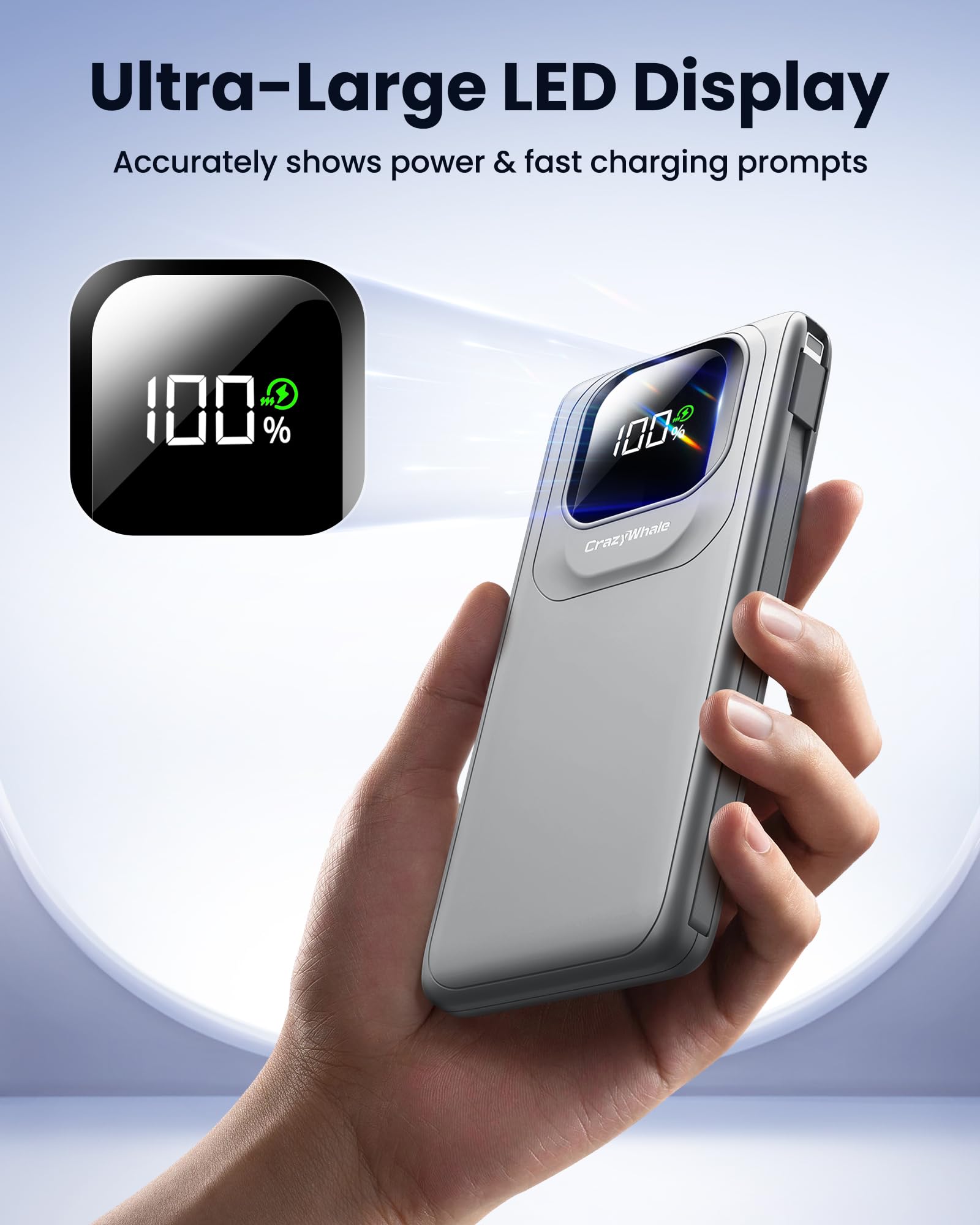 Portable Charger with Built-in Cables,22.5W Super Fast Charging Power Bank Slim Phone Charger,10000mAh Travel Battery Pack Battery Bank with Smart LED Display for iPhone, Android & USB-C Devices