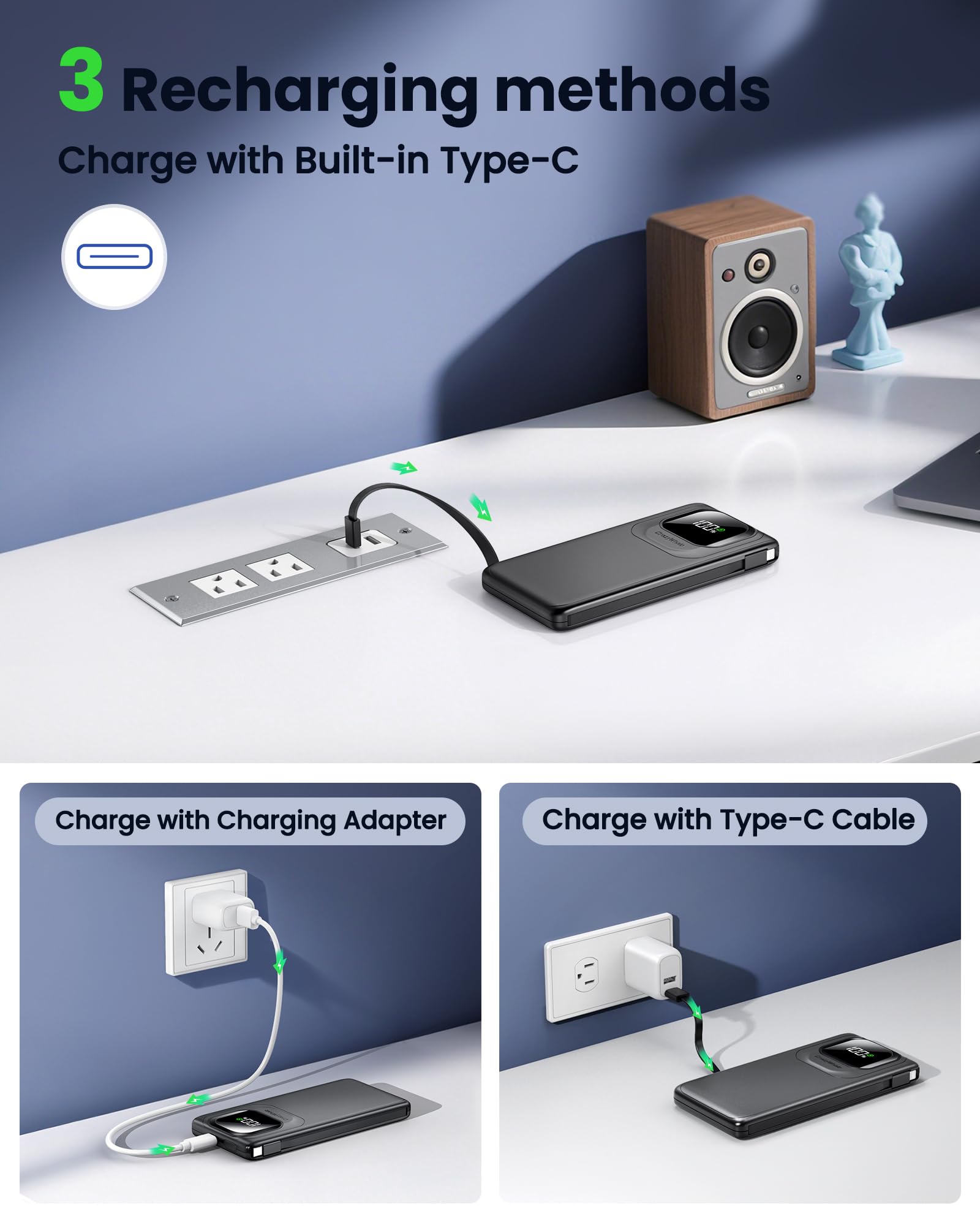 Portable Charger with Built-in Cables,22.5W Super Fast Charging Power Bank Slim Phone Charger,10000mAh Travel Battery Pack Battery Bank with Smart LED Display for iPhone, Android & USB-C Devices