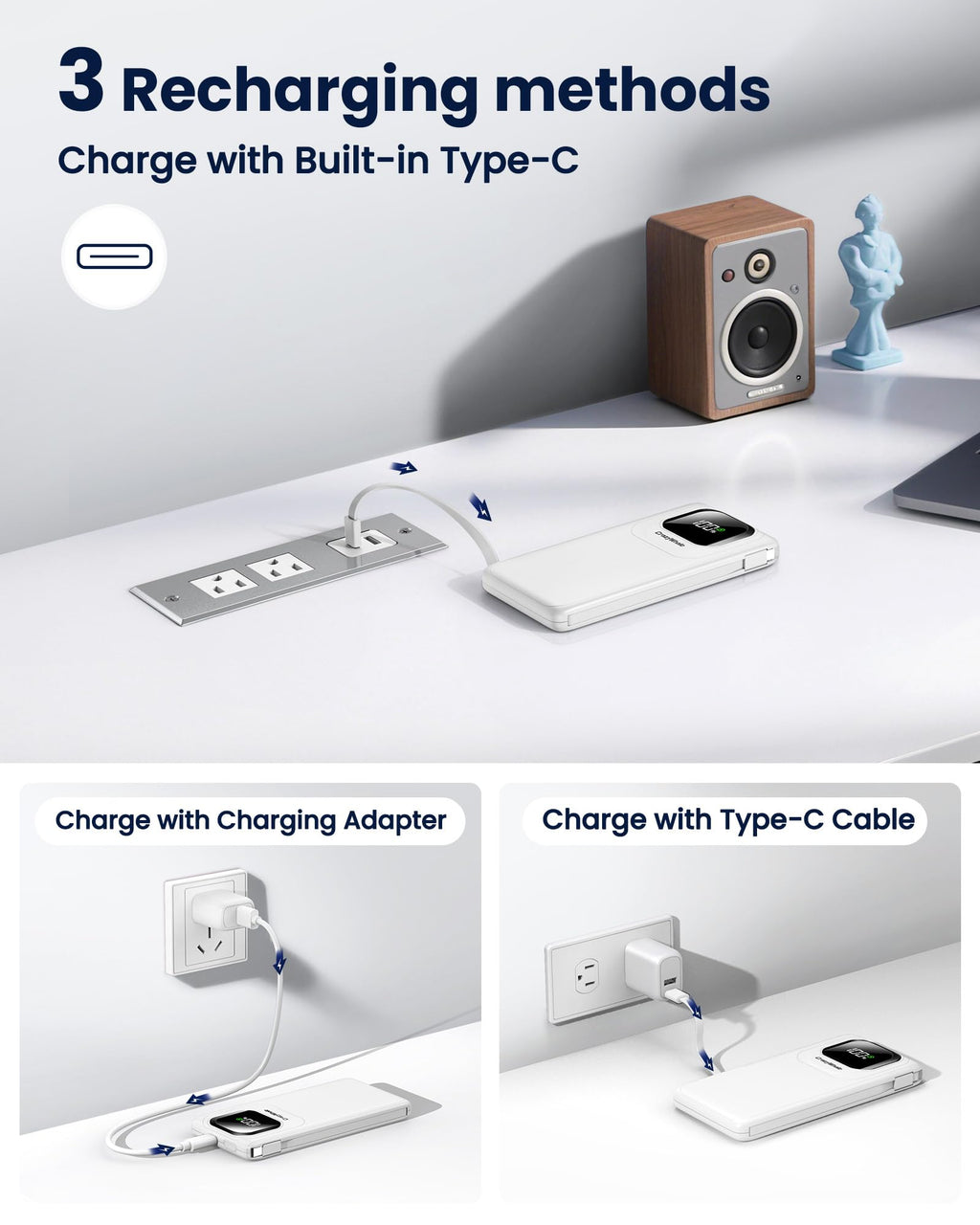 Portable Charger with Built-in Cables,22.5W Super Fast Charging Power Bank Slim Phone Charger,10000mAh Travel Battery Pack Battery Bank with Smart LED Display for iPhone, Android & USB-C Devices