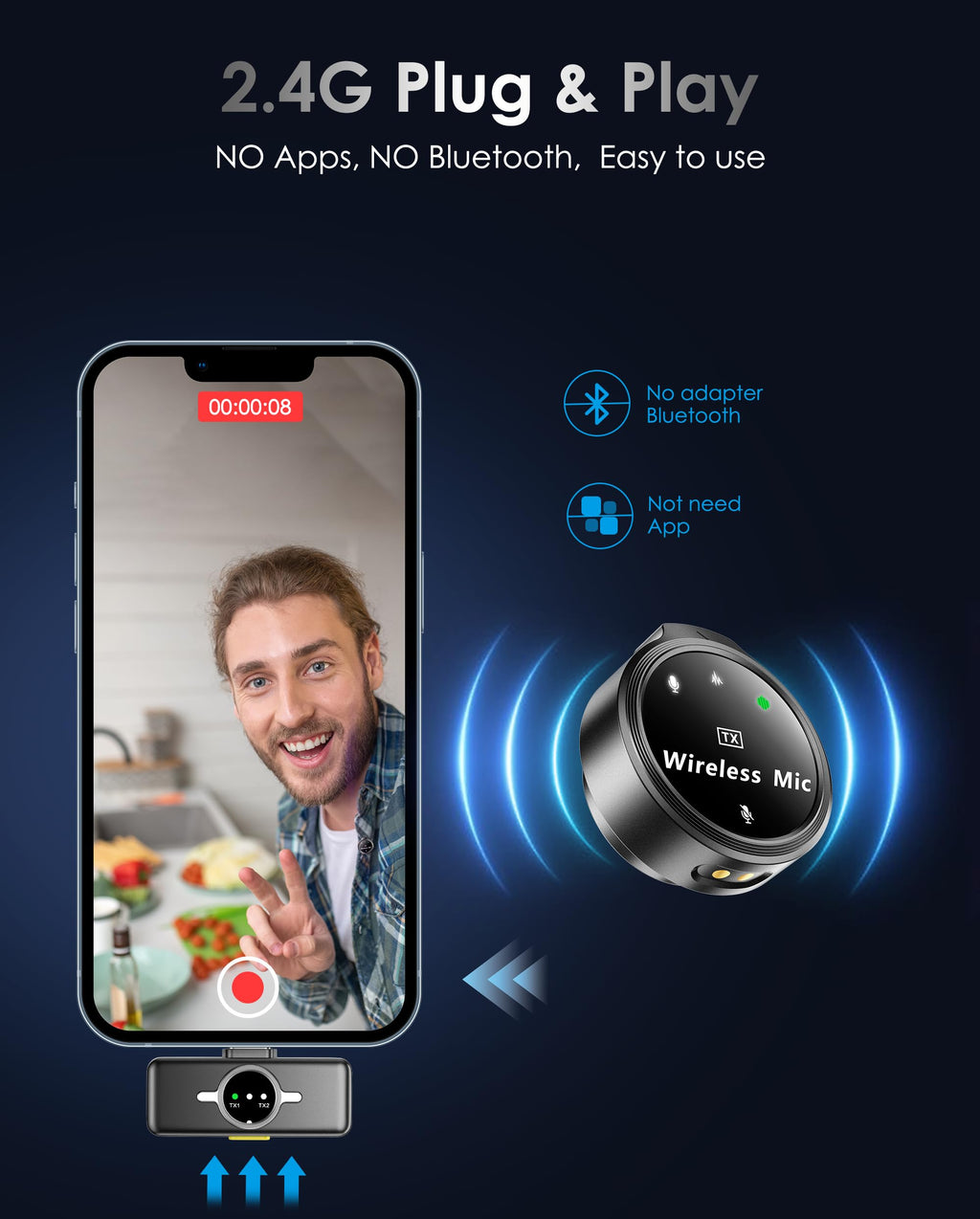 Wireless Lavalier Microphone for iPhone/Android, Lapel Mics with USB-C Plug-Play, Mini Mic with 2.4GHz Noise Cancellation, Charging Case Included, 300ft Range (Type-C)