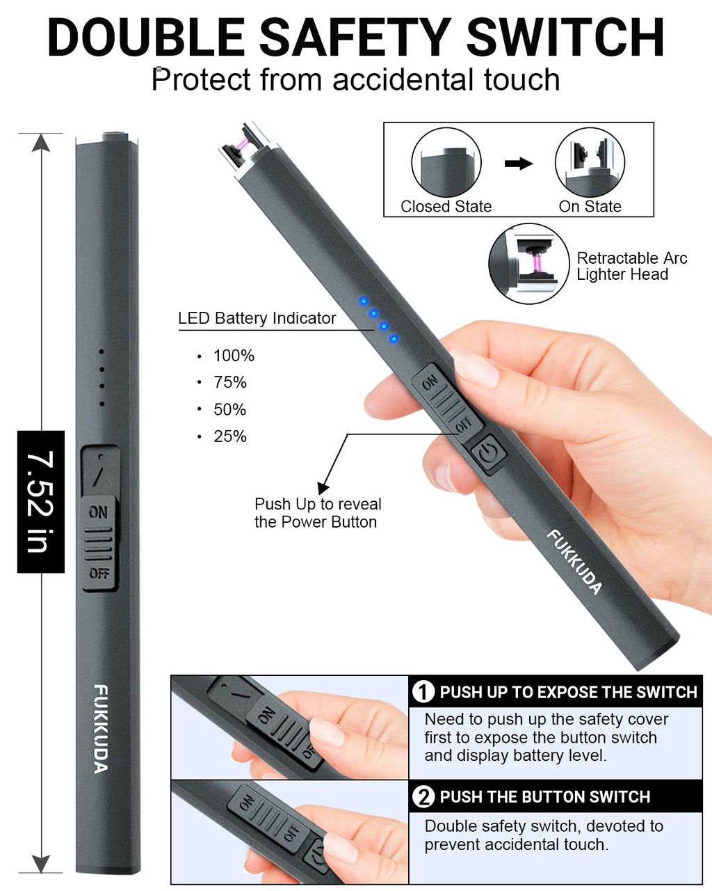 FUKKUDA Electric Arc Candle Lighter with Safety Switch - USB Rechargeable, Windproof & Flameless for Romantic Evenings, Valentine's Day Gift & Stocking Stuffer (Obsidian Black)
