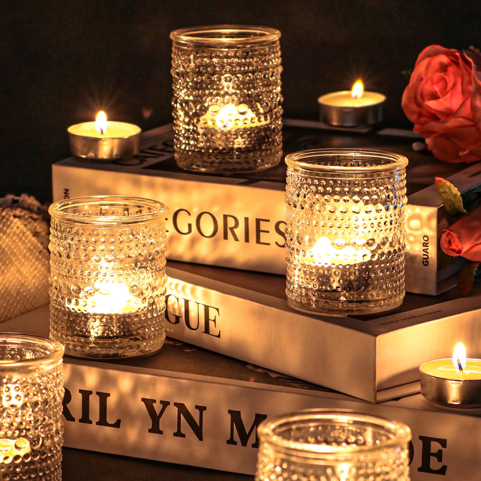HOXHA 6 Pack Glass Votive Candle Holders Clear Tealight Candle Holders in Bulk Vintage Table Centerpieces for Floating Candles Home Table Decor Wedding Receptions (6)